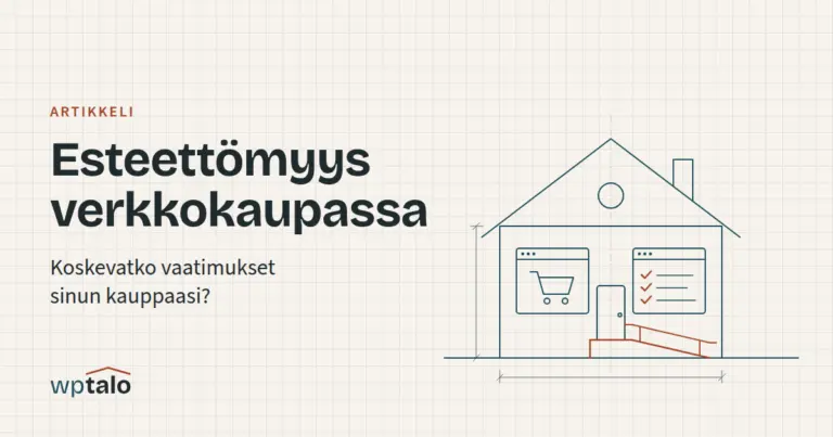 Viivapiirros talosta, jonka ovelle johtaa luiska käsijohteineen. Ikkunoissa näkyvät ostoskori ja tarkistuslista.